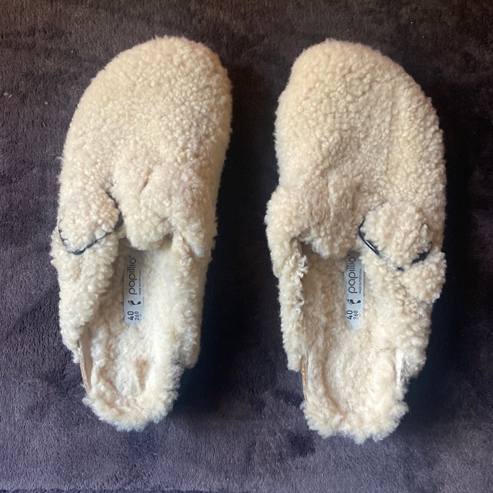 Papillio by Birkenstock big buckle shearling sandals.